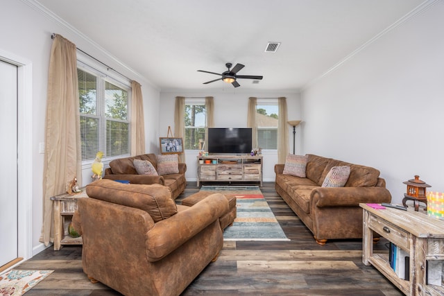 158 Johns Ln, Freeport, FL 32439 - living room featuring ceiling fan, crown molding, and wood finished floors