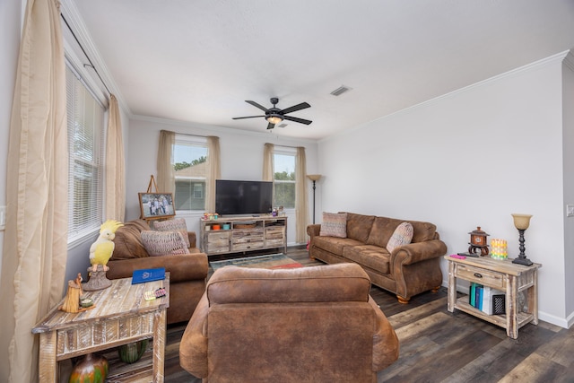 158 Johns Ln, Freeport, FL 32439 - living room featuring a ceiling fan, dark wood-style floors, and ornamental molding