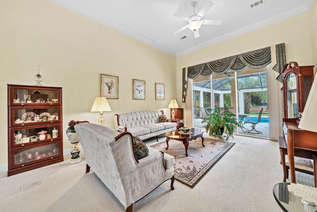 423 Maritime Ct, Destin, FL 32541 - living room with carpet flooring, ceiling fan, ornamental molding, and a sunroom