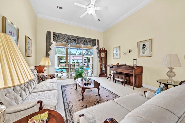 423 Maritime Ct, Destin, FL 32541 - carpeted living room featuring a ceiling fan and ornamental molding