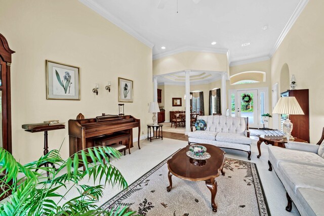 423 Maritime Ct, Destin, FL 32541 - carpeted living area with ornamental molding, decorative columns, recessed lighting, a ceiling fan, and arched walkways