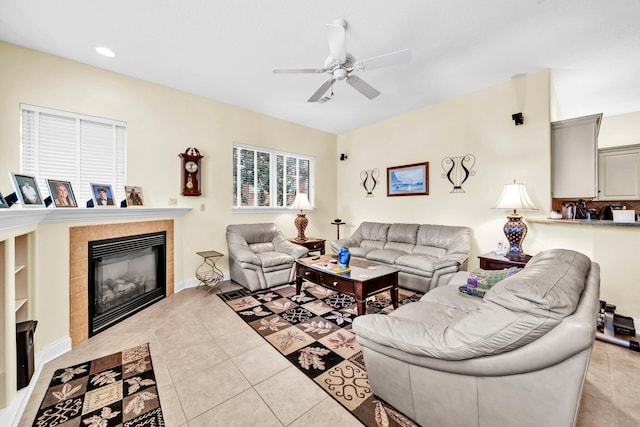 423 Maritime Ct, Destin, FL 32541 - living area with a fireplace, a ceiling fan, light tile patterned flooring, and recessed lighting