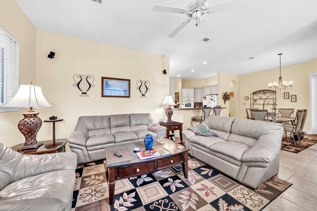 423 Maritime Ct, Destin, FL 32541 - living area featuring ceiling fan, light tile patterned flooring, a chandelier, and recessed lighting