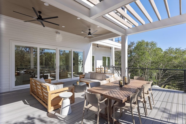 185 Dune Dr, Santa Rosa Beach, FL 32459 - wooden terrace with ceiling fan, outdoor dining space, and outdoor lounge area