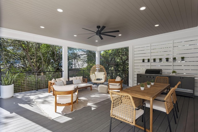 185 Dune Dr, Santa Rosa Beach, FL 32459 - deck with a ceiling fan, an outdoor hangout area, a grill, and outdoor dining area