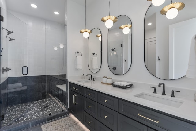 185 Dune Dr, Santa Rosa Beach, FL 32459 - full bath featuring double vanity, a stall shower, recessed lighting, and tile patterned flooring