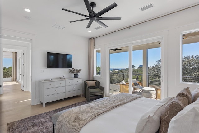 185 Dune Dr, Santa Rosa Beach, FL 32459 - bedroom featuring access to outside, recessed lighting, wood finished floors, and ceiling fan