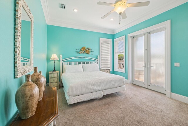 19108 Front Beach Rd Unit B, Panama City Beach, FL 32413 - bedroom featuring french doors, access to outside, crown molding, carpet floors, and a ceiling fan