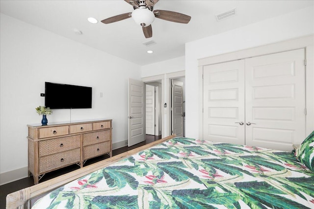 275 Gulfview Cir, Santa Rosa Beach, FL 32459 - bedroom with wood finished floors, recessed lighting, a closet, and a ceiling fan