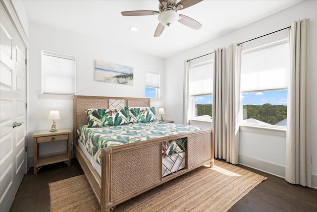 275 Gulfview Cir, Santa Rosa Beach, FL 32459 - bedroom with dark wood-style floors, ceiling fan, and recessed lighting