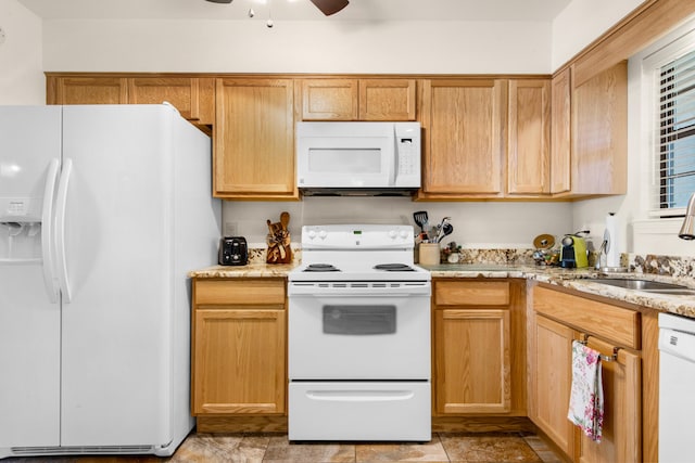 1090 5th Ave, Shalimar, FL 32579 - kitchen with white appliances, a ceiling fan, and light stone counters