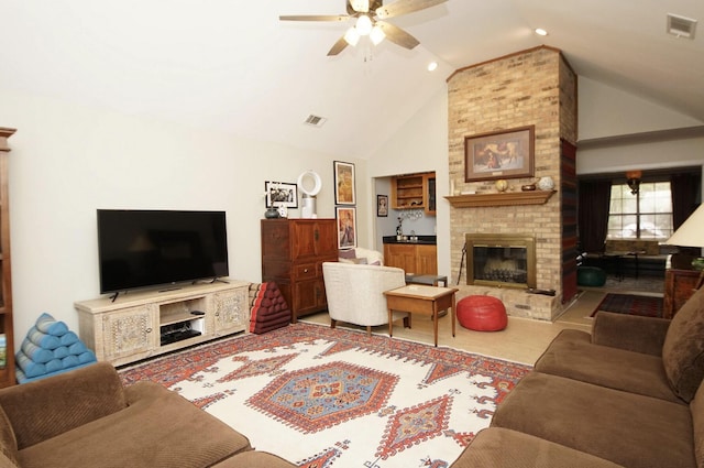 1262 Whitewood Way, Niceville, FL 32578 - living area with a ceiling fan, a fireplace, high vaulted ceiling, and recessed lighting