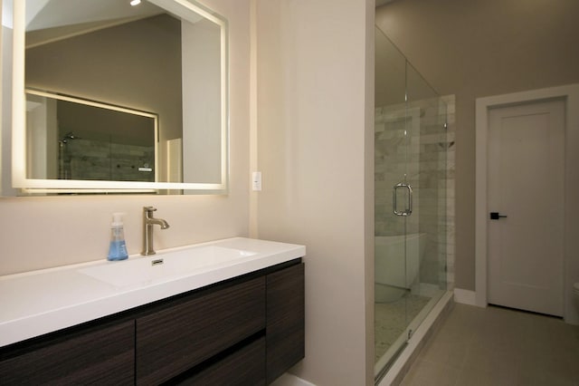1262 Whitewood Way, Niceville, FL 32578 - full bathroom with vanity, a shower stall, tile patterned floors, and lofted ceiling