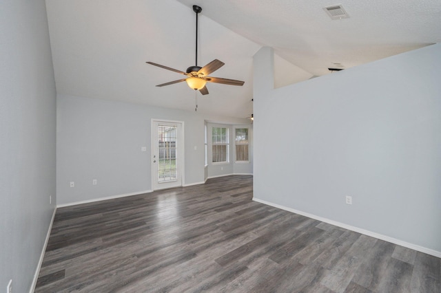 504 Shortwell Ave, Crestview, FL 32539 - unfurnished living room featuring ceiling fan, dark wood-type flooring, and high vaulted ceiling