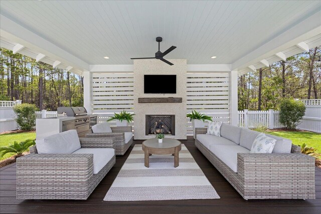 133 E Firethorn Cir, Inlet Beach, FL 32461 - view of patio / terrace with an outdoor kitchen, an outdoor living space with a fireplace, and a ceiling fan