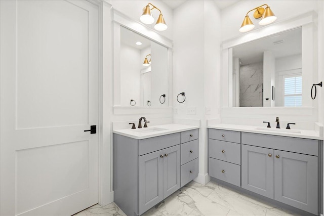 133 E Firethorn Cir, Inlet Beach, FL 32461 - bathroom featuring marble finish flooring, two vanities, and a shower