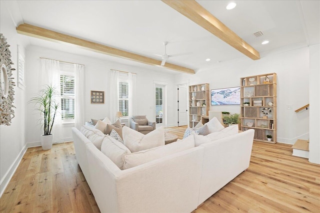 133 E Firethorn Cir, Inlet Beach, FL 32461 - living room with beamed ceiling, light wood-style flooring, and recessed lighting