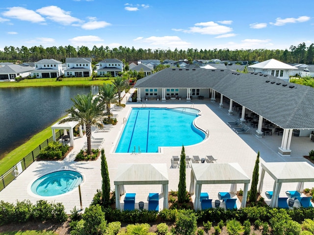 128 Ravine Rd, Watersound, FL 32461 - community pool with a gazebo, a residential view, a hot tub, a patio, and a water view
