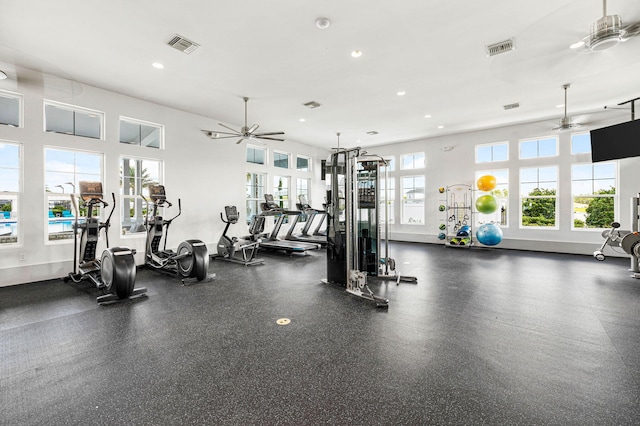 128 Ravine Rd, Watersound, FL 32461 - exercise room featuring a ceiling fan and recessed lighting