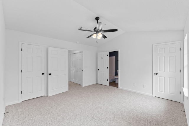 222 Swaying Pine Ct, Crestview, FL 32539 - unfurnished bedroom with carpet flooring, lofted ceiling, ensuite bath, and ceiling fan