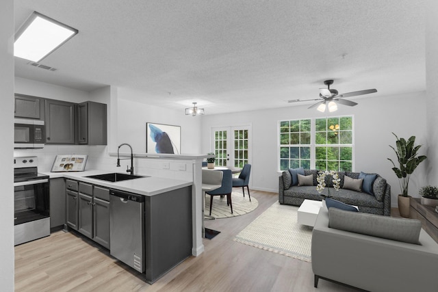 222 Swaying Pine Ct, Crestview, FL 32539 - kitchen featuring appliances with stainless steel finishes, a peninsula, open floor plan, gray cabinets, and a textured ceiling