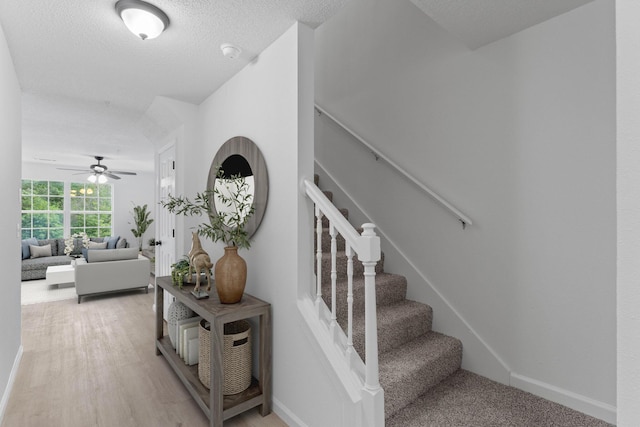 222 Swaying Pine Ct, Crestview, FL 32539 - stairway with a ceiling fan, wood finished floors, and a textured ceiling