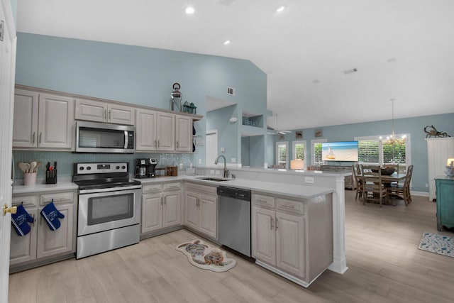 4460 Ocean View Dr, Destin, FL 32541 - kitchen with appliances with stainless steel finishes, a peninsula, high vaulted ceiling, tasteful backsplash, and light countertops