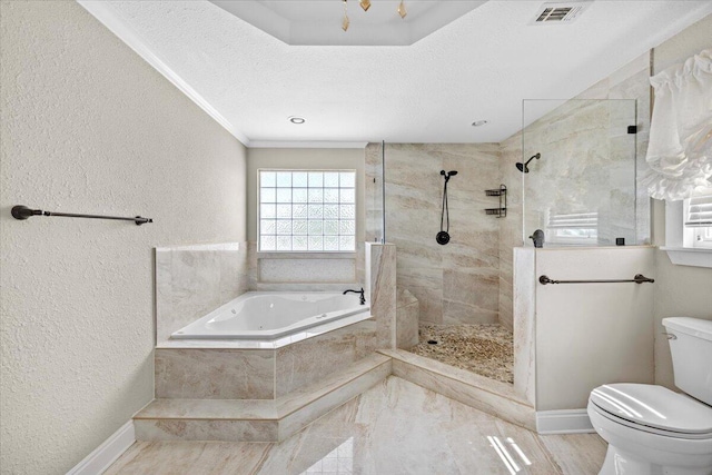 8147 White Sands Blvd, Navarre, FL 32566 - bathroom featuring a bath, walk in shower, a textured wall, and ornamental molding