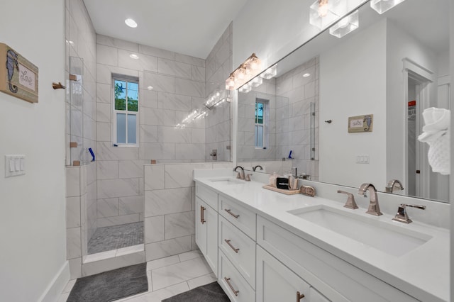 22 Cypress Rdg, Santa Rosa Beach, FL 32459 - bathroom featuring double vanity, walk in shower, marble finish floors, and recessed lighting