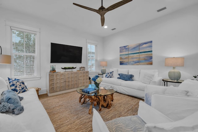 22 Cypress Rdg, Santa Rosa Beach, FL 32459 - living room featuring ceiling fan, wood finished floors, and recessed lighting