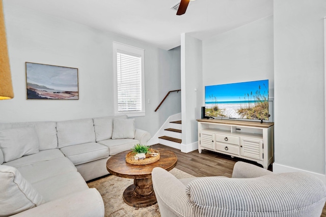 198 Somerset Bridge Rd Unit 143, Santa Rosa Beach, FL 32459 - living room featuring healthy amount of natural light, wood finished floors, ceiling fan, and stairs