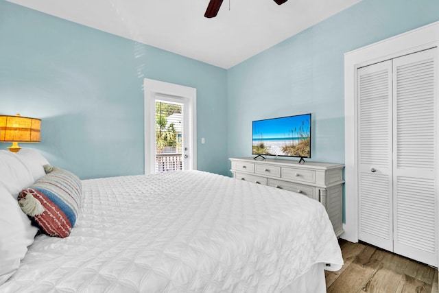 198 Somerset Bridge Rd Unit 143, Santa Rosa Beach, FL 32459 - bedroom featuring wood finished floors, ceiling fan, access to outside, and a closet