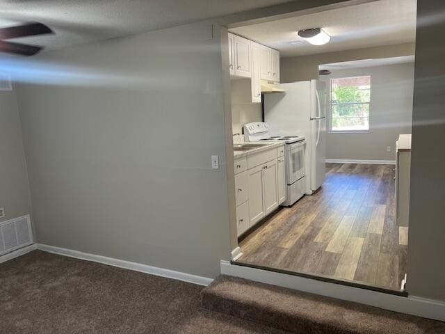947 Don Dr, Fort Walton Beach, FL 32547 - kitchen featuring electric range, under cabinet range hood, ceiling fan, and white cabinetry