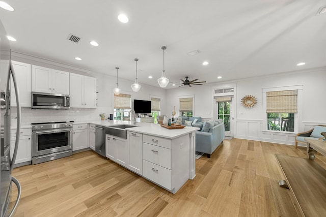 499 Patina Blvd, Inlet Beach, FL 32461 - kitchen featuring appliances with stainless steel finishes, open floor plan, a peninsula, a ceiling fan, and light wood-type flooring
