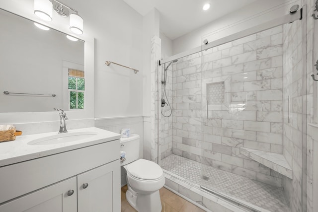 499 Patina Blvd, Inlet Beach, FL 32461 - bathroom featuring a stall shower, vanity, tile patterned flooring, wainscoting, and recessed lighting