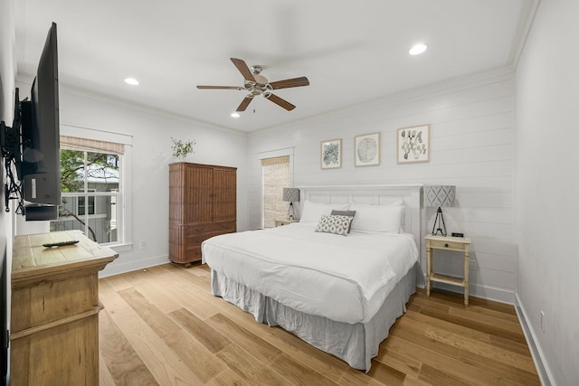 499 Patina Blvd, Inlet Beach, FL 32461 - bedroom featuring crown molding, light wood-type flooring, recessed lighting, and ceiling fan