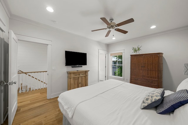 499 Patina Blvd, Inlet Beach, FL 32461 - bedroom with light wood-style flooring, crown molding, recessed lighting, and ceiling fan