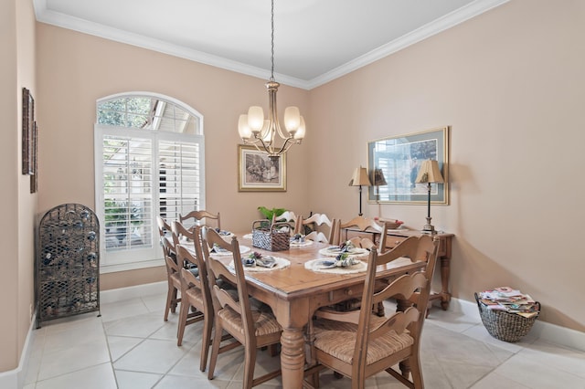 6341 Augusta Cv, Destin, FL 32541 - dining space featuring a chandelier, crown molding, and light tile patterned floors