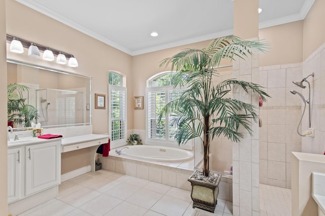 6341 Augusta Cv, Destin, FL 32541 - full bathroom with walk in shower, vanity, a bath, ornamental molding, and tile patterned floors