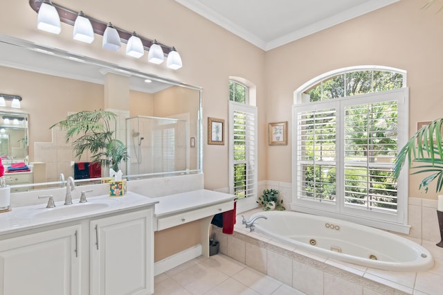 6341 Augusta Cv, Destin, FL 32541 - bathroom with a stall shower, a jetted tub, plenty of natural light, vanity, and ornamental molding