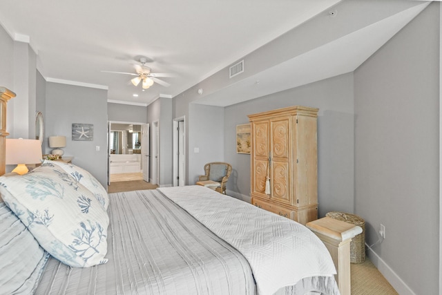 164 Blue Lupine Way Unit 411, Santa Rosa Beach, FL 32459 - bedroom with ornamental molding, ensuite bath, a ceiling fan, and light colored carpet