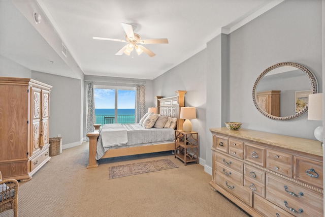 164 Blue Lupine Way Unit 411, Santa Rosa Beach, FL 32459 - bedroom featuring light carpet, access to exterior, ceiling fan, and a water view