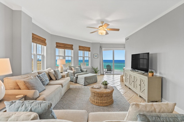164 Blue Lupine Way Unit 411, Santa Rosa Beach, FL 32459 - living area featuring healthy amount of natural light, ceiling fan, and ornamental molding