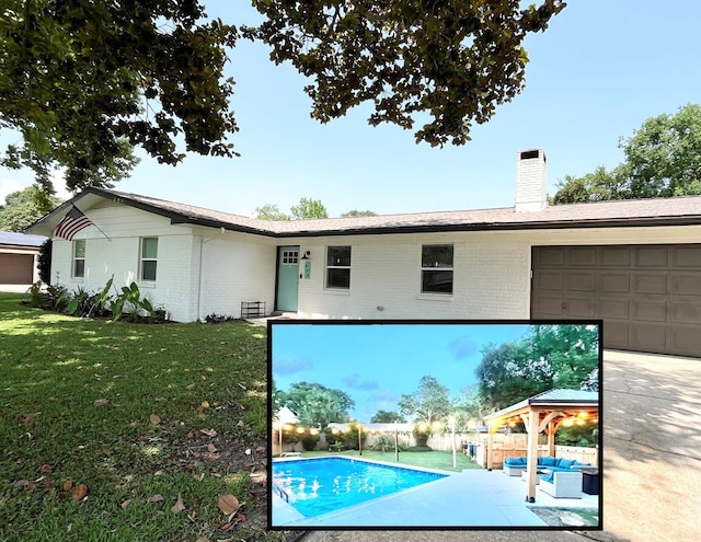 612 NE Powell Dr, Fort Walton Beach, FL 32547 - rear view of house with brick siding, a chimney, a gazebo, and an outdoor pool