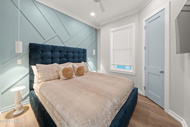 19989 Front Beach Rd, Panama City Beach, FL 32413 - bedroom featuring wood finished floors, crown molding, a ceiling fan, and recessed lighting