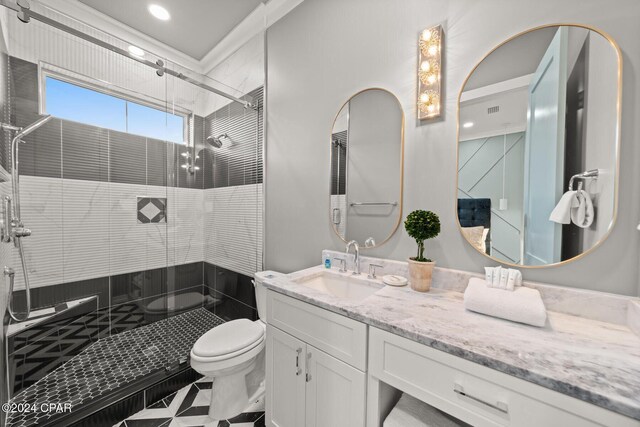 19989 Front Beach Rd, Panama City Beach, FL 32413 - bathroom featuring a stall shower, vanity, tile patterned floors, and recessed lighting