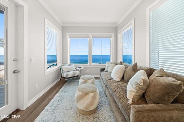 19989 Front Beach Rd, Panama City Beach, FL 32413 - living area featuring dark wood finished floors and ornamental molding