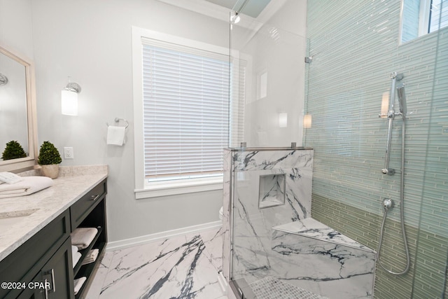 19989 Front Beach Rd, Panama City Beach, FL 32413 - bathroom featuring marble look tile flooring, vanity, and a marble finish shower