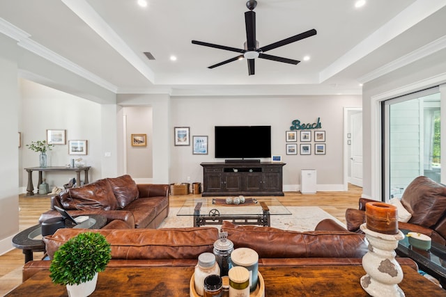 508 W Point Washington Rd, Santa Rosa Beach, FL 32459 - living area featuring a tray ceiling, a ceiling fan, light wood finished floors, recessed lighting, and crown molding