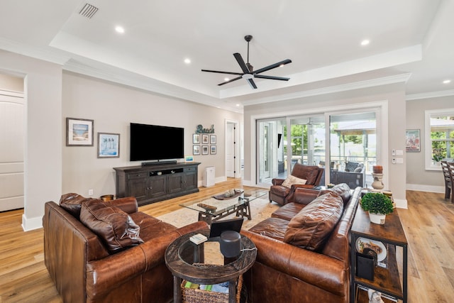 508 W Point Washington Rd, Santa Rosa Beach, FL 32459 - living area with a raised ceiling, light wood-style floors, recessed lighting, crown molding, and a ceiling fan